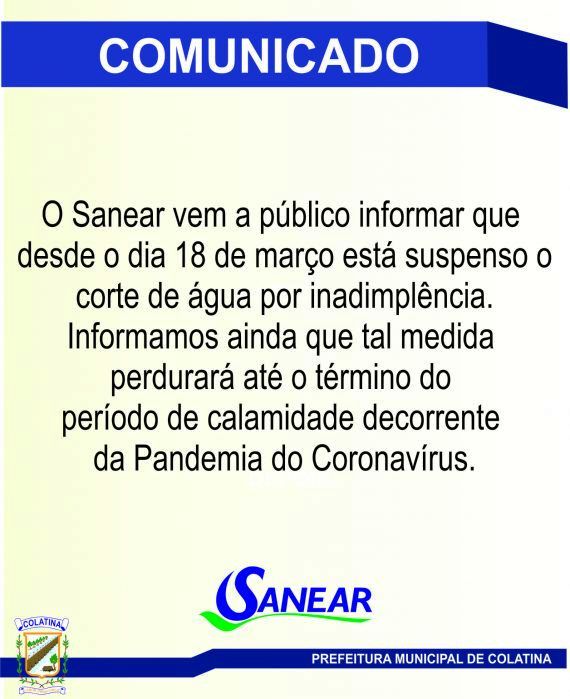 Coronavírus – Sanear suspende corte de água por inadimplência