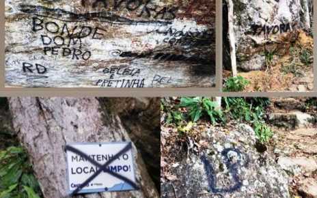Vândalos picham Pedra do Cruzeiro em Marilândia - Foto: Reprodução