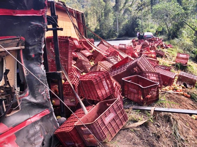 Caminhão tomba na BR-262, em Domingos Martins e três pessoas ficam feridas - Foto: Reprodução
