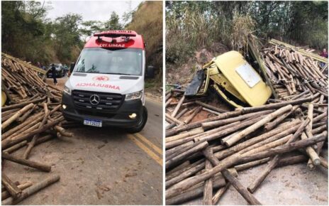 Caminhão carregado de toras de madeira tomba após colidir com barranco em Itarana - Foto: Rede Social