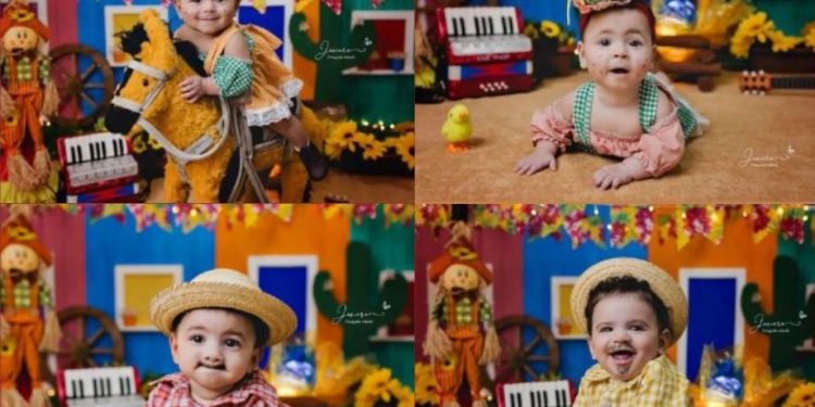 Gêmeos de Colatina prontos para o arraiá! Confira o registro divulgado pela mãe - Foto: Josiara Fotografia Infantil