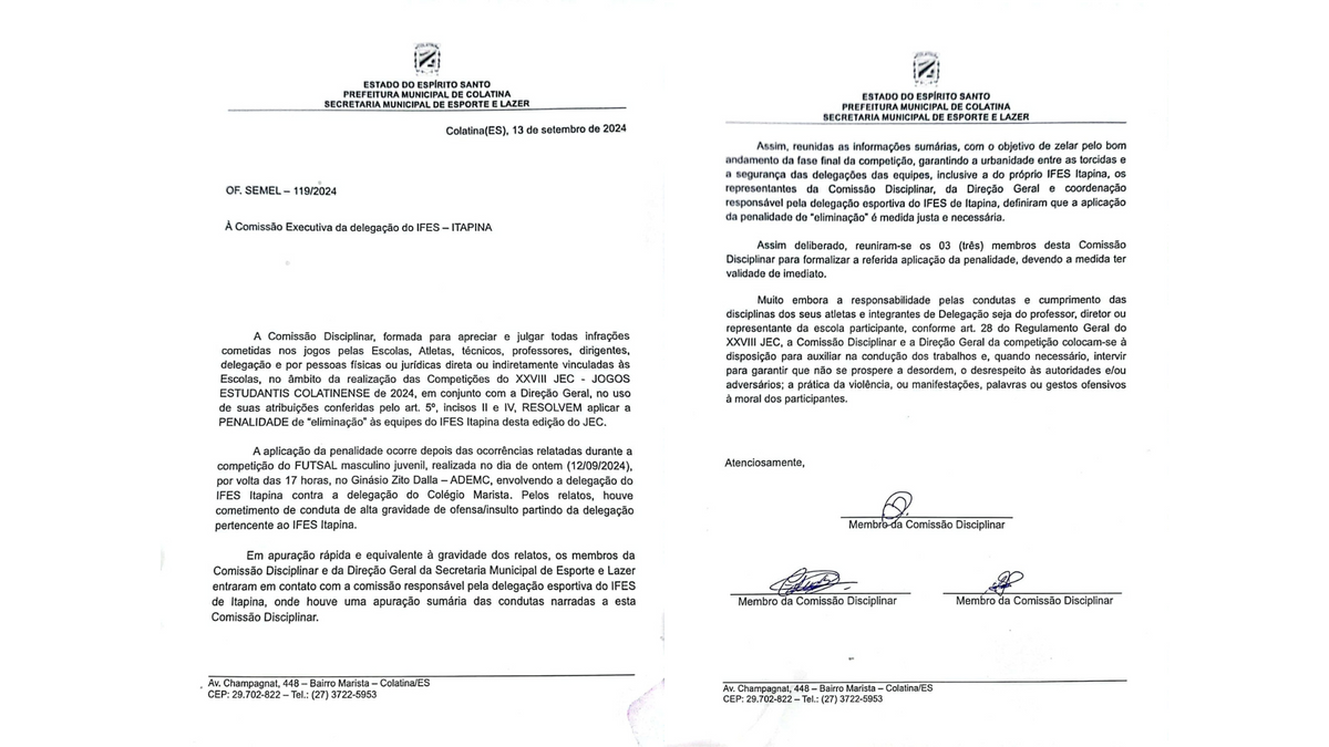 Comunicado Oficial Jec 2024 sobre a eliminação do Ifes Itapina. (Secretaria de Esportes e Lazer de Colatina)