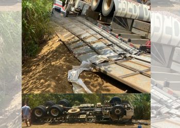 Caminhão carregado de café tomba na ES-245, em Governador Lindenberg - Foto: Rede Social