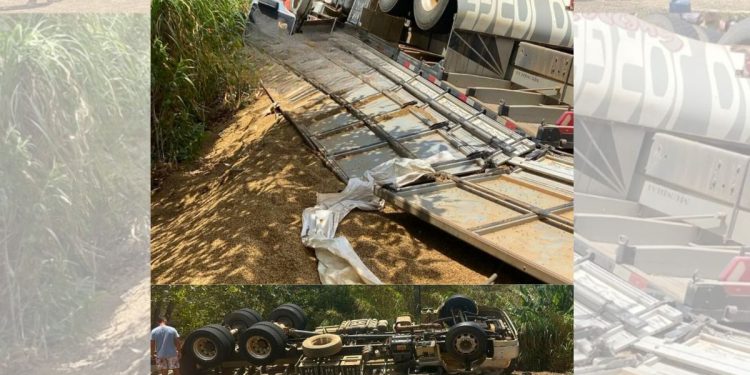 Caminhão carregado de café tomba na ES-245, em Governador Lindenberg - Foto: Rede Social