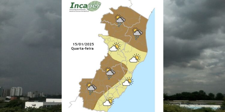 Previsão do tempo para o ES e Colatina nesta quarta (15) - Fonte: Incaper