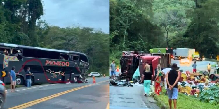 Acidente entre carreta e ônibus interdita BR-101 no ES e deixa uma pessoa morta - Foto: Rede Social