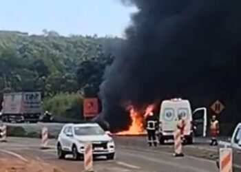 Carro pega fogo durante congestionamento na BR-101, na Serra - Foto: Rede Social