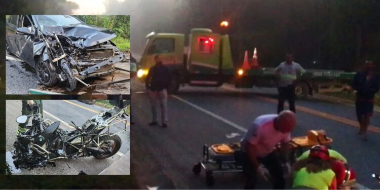 Acidente entre moto e carro deixa dois feridos e interdita BR-101 em Sooretama - Crédito: Divulgação PRF