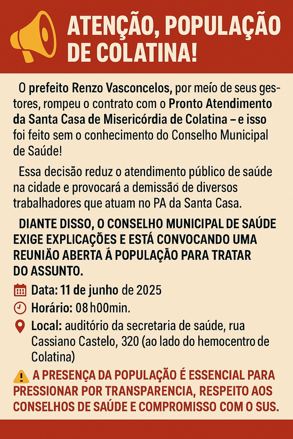 Conselho Municipal de Saúde convoca prefeito para reunião aberta à população. Imagem: reprodução
