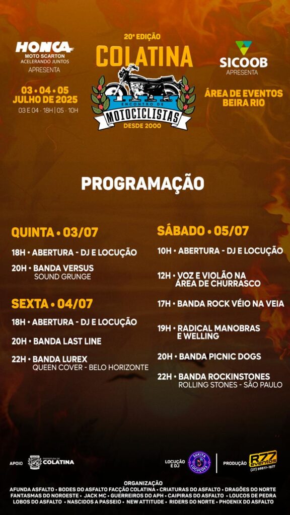 Programação completa da 20ª Edição do Encontro de Motociclistas. Foto: divulgação