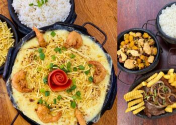 Camarão cremoso do Rei do Marisco é uma opção do evento e Picanha com acompanhamentos servida no Recanto Miramar - Fotos: Deivson Santana