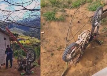 Motociclista perde controle e vai parar no telhado de uma casa em Santa Maria de Jetibá - Foto: Rede Social