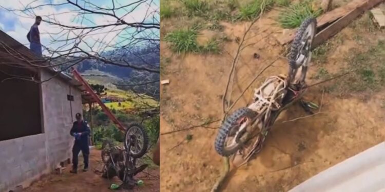 Motociclista perde controle e vai parar no telhado de uma casa em Santa Maria de Jetibá - Foto: Rede Social