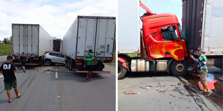 Acidente entre duas carretas e carro interdita BR-101 em Ibiraçu - Fotos: Rede Social