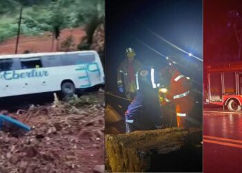 Ônibus da empresa Ebertur, de Baixo Guandu, tomba na BR-262 e deixa feridos - Fotos: Montagem Colatina em Ação
