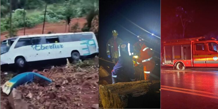 Ônibus da empresa Ebertur, de Baixo Guandu, tomba na BR-262 e deixa feridos - Fotos: Montagem Colatina em Ação