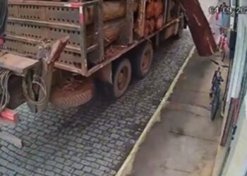 Caminhão perde tora de eucalipto em Santa Teresa e quase atinge pedestre - Foto: Reprodução