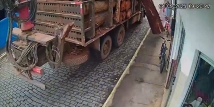 Caminhão perde tora de eucalipto em Santa Teresa e quase atinge pedestre - Foto: Reprodução