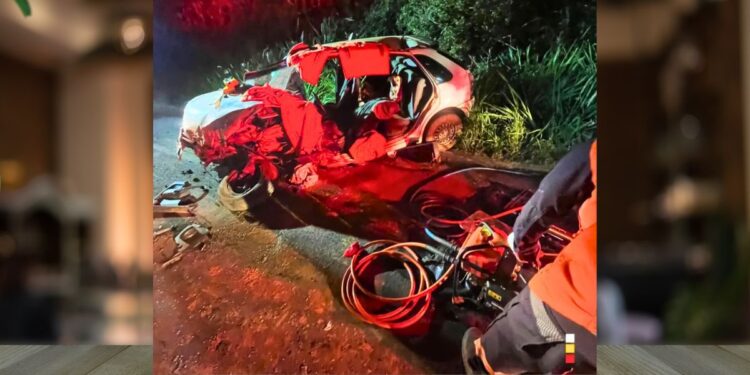 Colisão entre ônibus e automóvel deixa motorista preso às ferragens na BR-259 - Foto: Bombeiros/Colatina