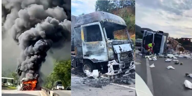 Acidente com três carretas deixa ferido, causa incêndio e interdições na BR-101 em Ibiraçu - Foto: Rede Social