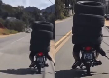 Motoqueiro transporta garupa dentro de pneus e com placa coberta em Ibiraçu - Montagem Colatina em Ação