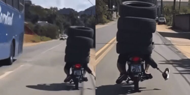 Motoqueiro transporta garupa dentro de pneus e com placa coberta em Ibiraçu - Montagem Colatina em Ação