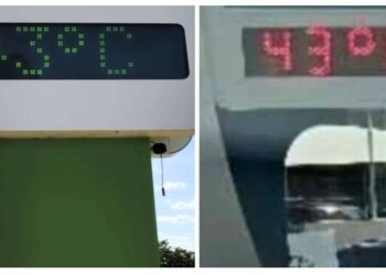 À esquerda, aparelho localizado em Colatina; À direita, termômetro em Cachoeiro de Itapemirim - Crédito: Redes sociais