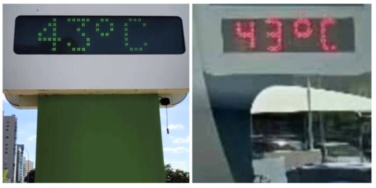 À esquerda, aparelho localizado em Colatina; À direita, termômetro em Cachoeiro de Itapemirim - Crédito: Redes sociais