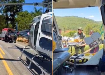 Helicóptero pousa em rodovia de Ibatiba para transporta vítima de grave acidente - Foto: Frame Notaer