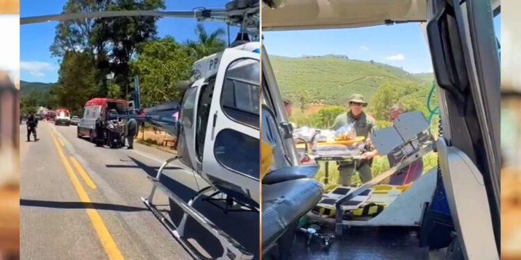 Helicóptero pousa em rodovia de Ibatiba para transporta vítima de grave acidente - Foto: Frame Notaer