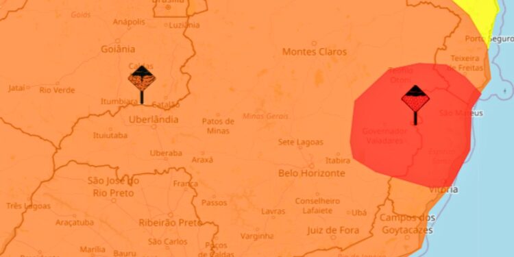 Alerta vermelho no ES: grande perigo de chuvas acumuladas em 55 cidades - Imagem: Inmet