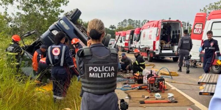 Caminhão com eucalipto tomba e deixa feridos na ES-130 em Nova Venécia - Foto: Reprodução