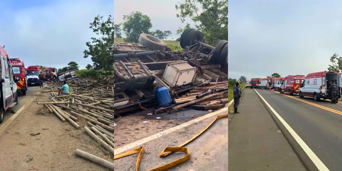 Caminhão com eucalipto tomba e deixa feridos na ES-130 em Nova Venécia - Foto: Reprodução 