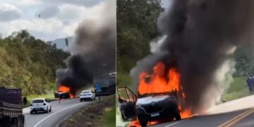 Ambulância pega fogo e interdita trecho da BR-101 em Ibiraçu - Foto: Montagem Colatina em Ação