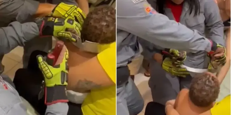 Bebê de 1 ano é resgatado pelos Bombeiros após ficar com forma de bolo presa na cabeça em São Vicente (SP)